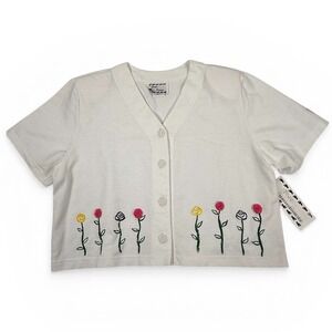 Foot Prints White Rose Embroidered‎ Crop Top L Button Front Cottagecore Coquette